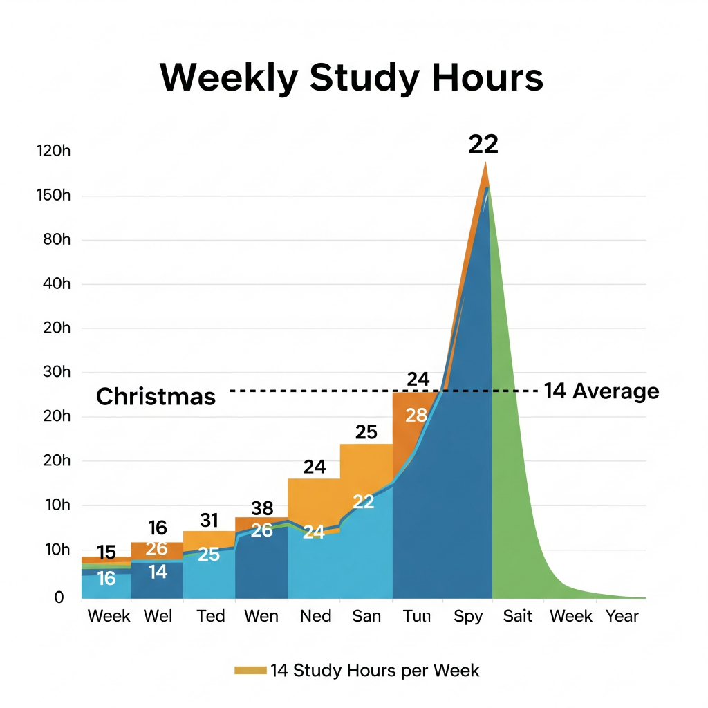 Study hour bar chart with average 14 hrs/week