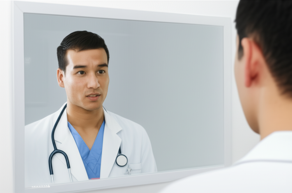 Doctor practicing interview in front of mirror